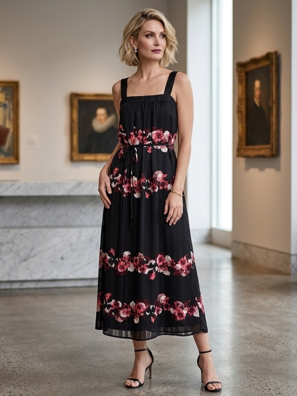 Banana Republic Black Maxi Dress with Pink Floral Bands
